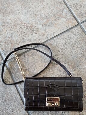 Michael Kors Brown Croc-Embossed Leather Crossbody with Gold Hardware